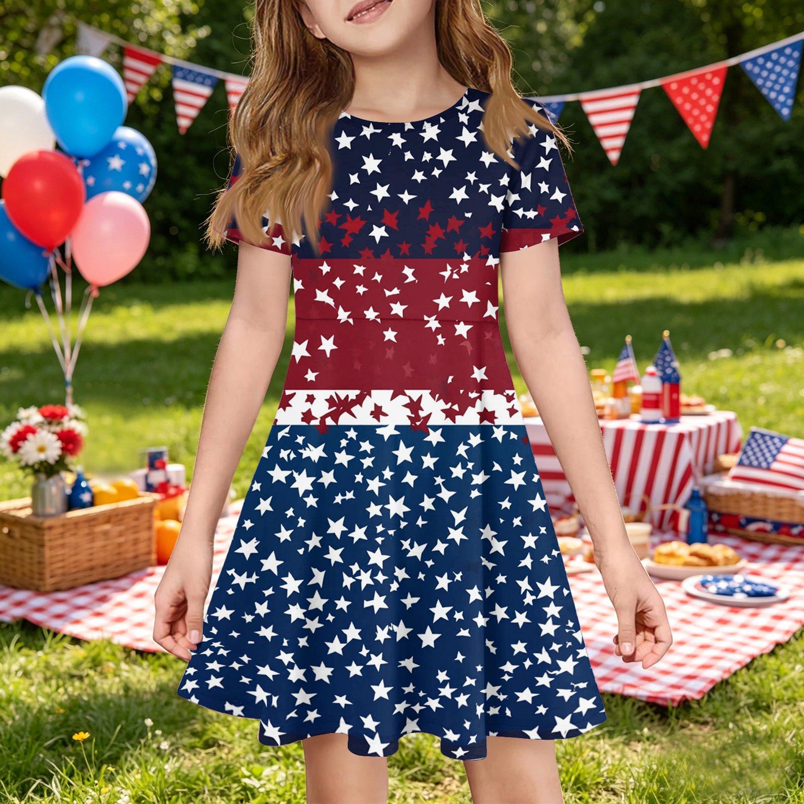 

Girls Short Sleeve Dress with Pocket Independence Day Floral Print Casual Summer Dress for Kids Comfortable Fit 130 Темно-синій