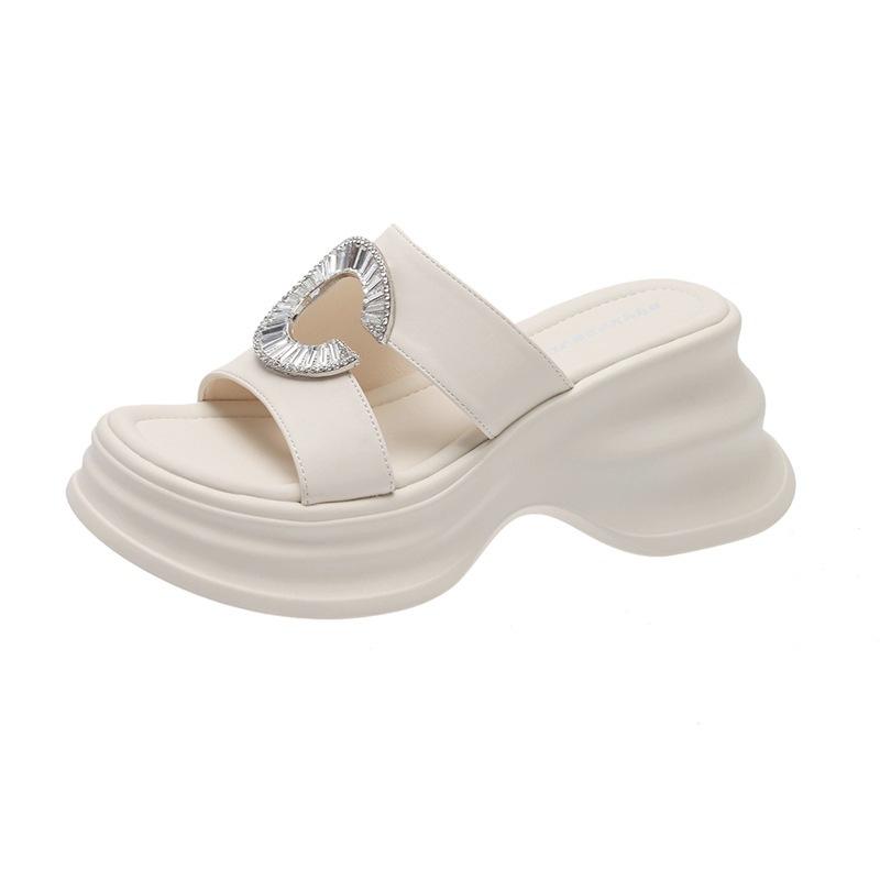 Niche Thick-bottomed Wedge Slippers Women's Summer Wear 2025 New Versatile High-heeled Rhinestone Casual One-word Sandals
