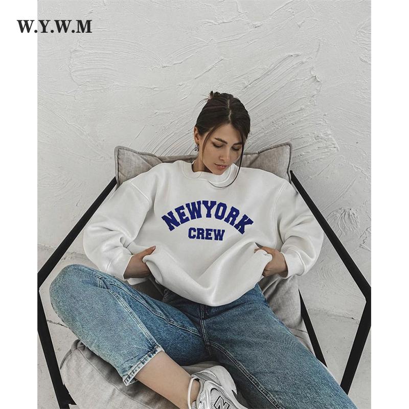

WYWM модная уличная толстовка женская 2023 осень свободные хлопковые толстовки с длинным рукавом с буквенным принтом женские повседневные универсальный базовый пуловер с круглым вырезом