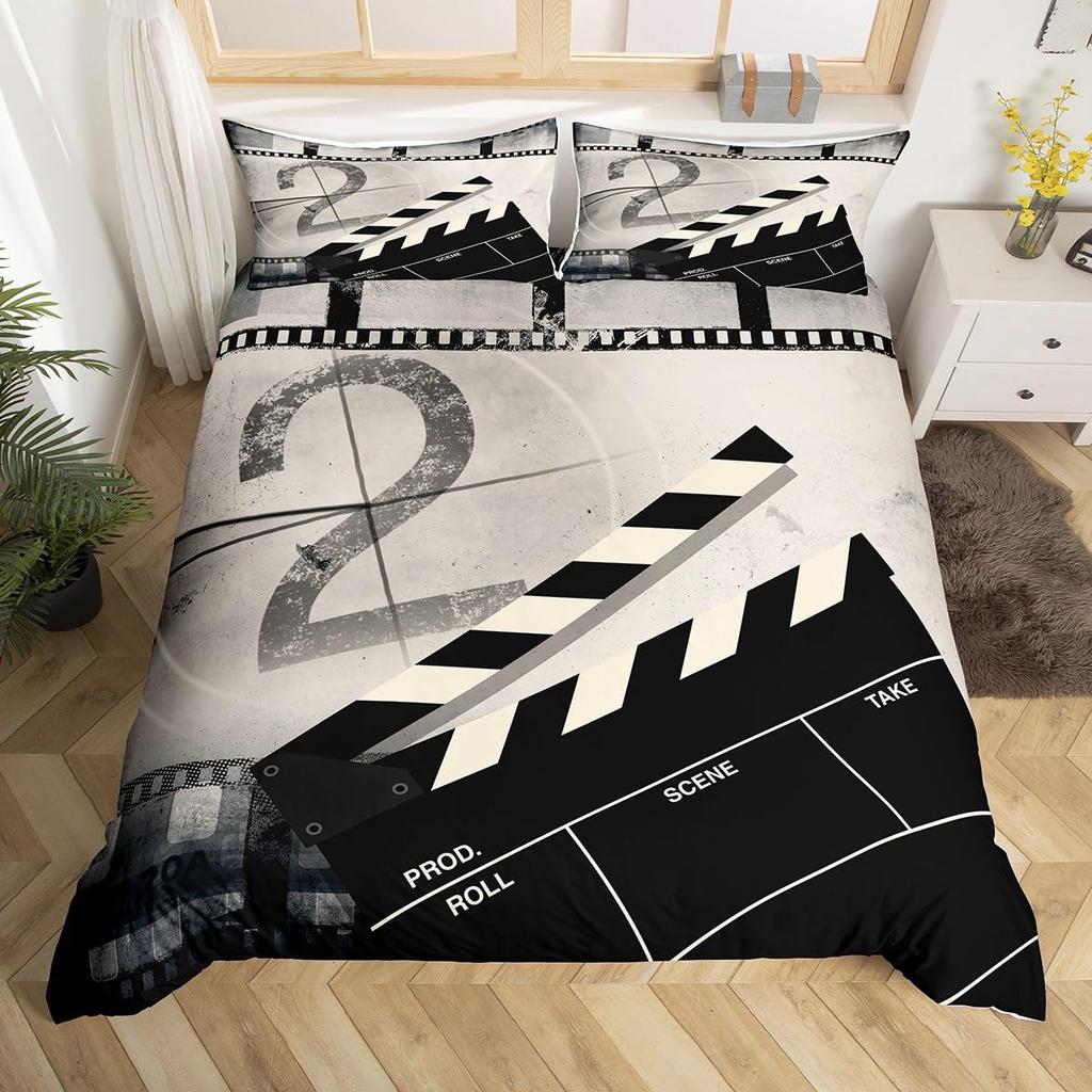 Movie Theme Duvet Cover Movie Theater Decor Bedding Set Full King Vintage Cinema Ticket Clapboard Popcorn Print Comforter Cover