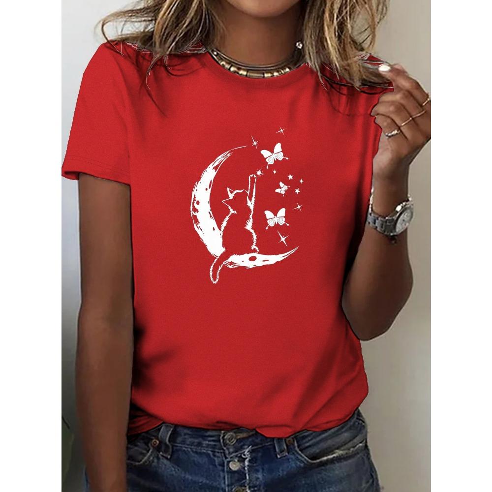 

Women s Soft T-Shirt with Stylish Cat Moon Illustration print Comfort Fit Crew Neck Short Sleeve Casual summer fashion Clothing 5XL