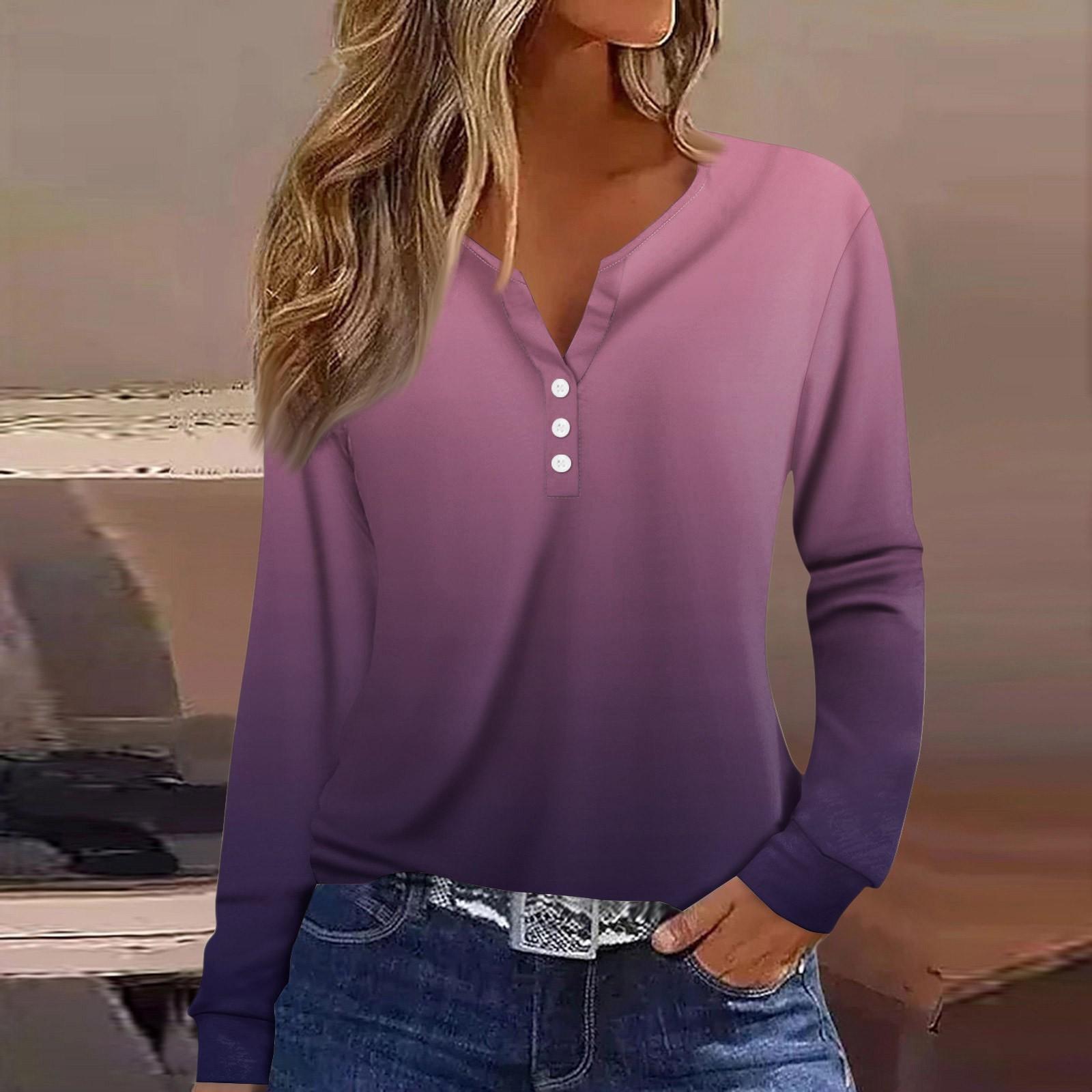 

Жен. Футболка Футболка на пуговицах с длинным рукавом Повседневные Выходные Мода Классический Топ с v-образным вырезом Обычный S фиолетовый