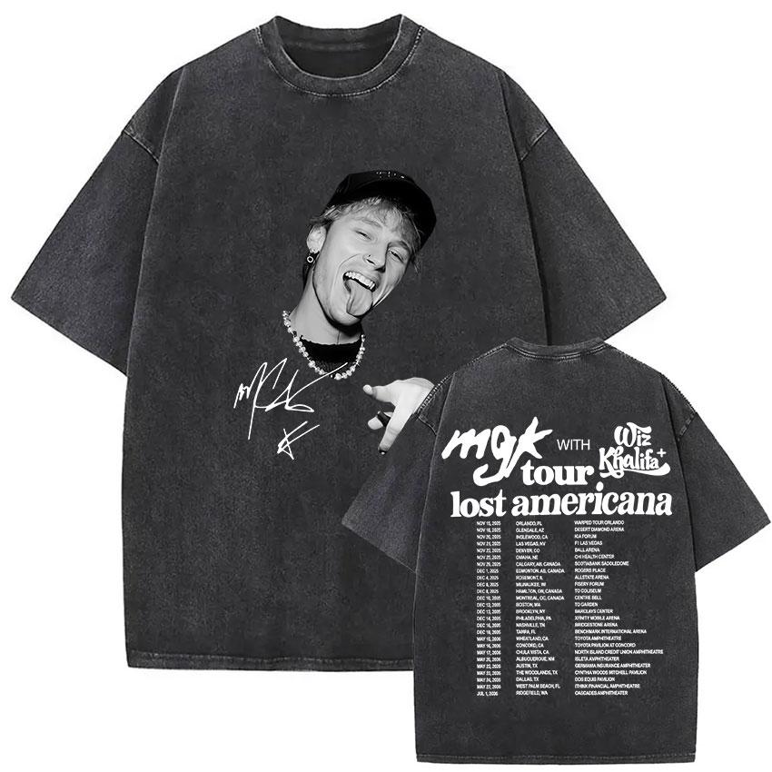 Vintage Washed MGK Lost Americana Tour  Print Tshirt Men Women Harajuku High Quality Fashion Oversized  T Shirts