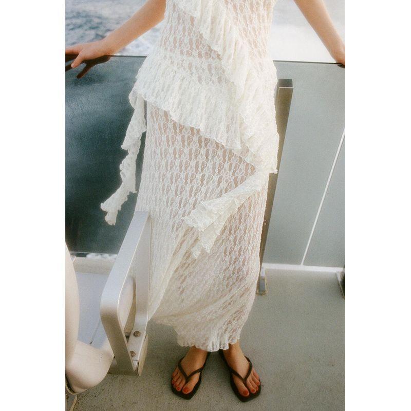 Lace Asymmetric Design Tops 5584365 Lace Translucent High Waist Simple Dress 5584366