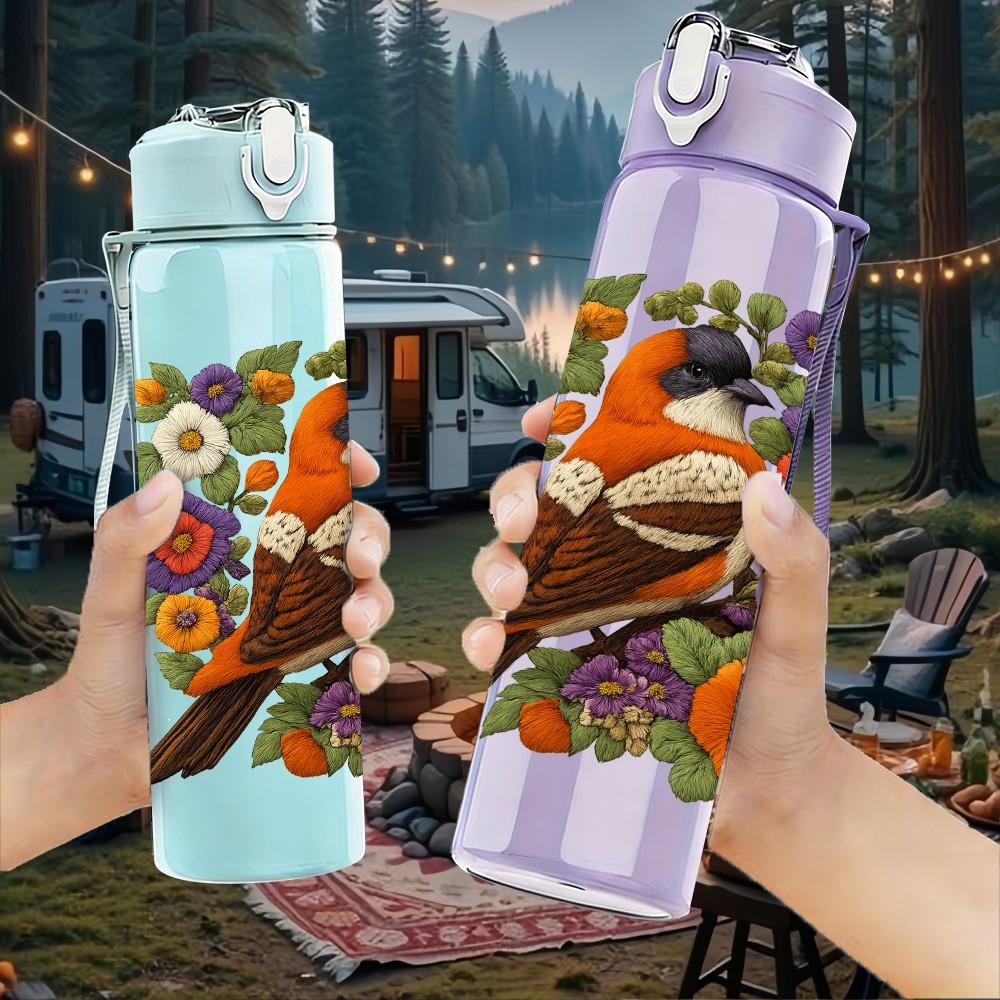 1PC Bird And Wildflower Art Print 750ml Color Plastic Sports Water Bottle Leakproof Flip Straw Lid Suitable for Sports Office Home Use