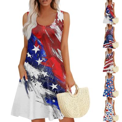 Women's Summer Casual Square Neck Independence Day Printed Dress Sleeveless Dress With Pockets