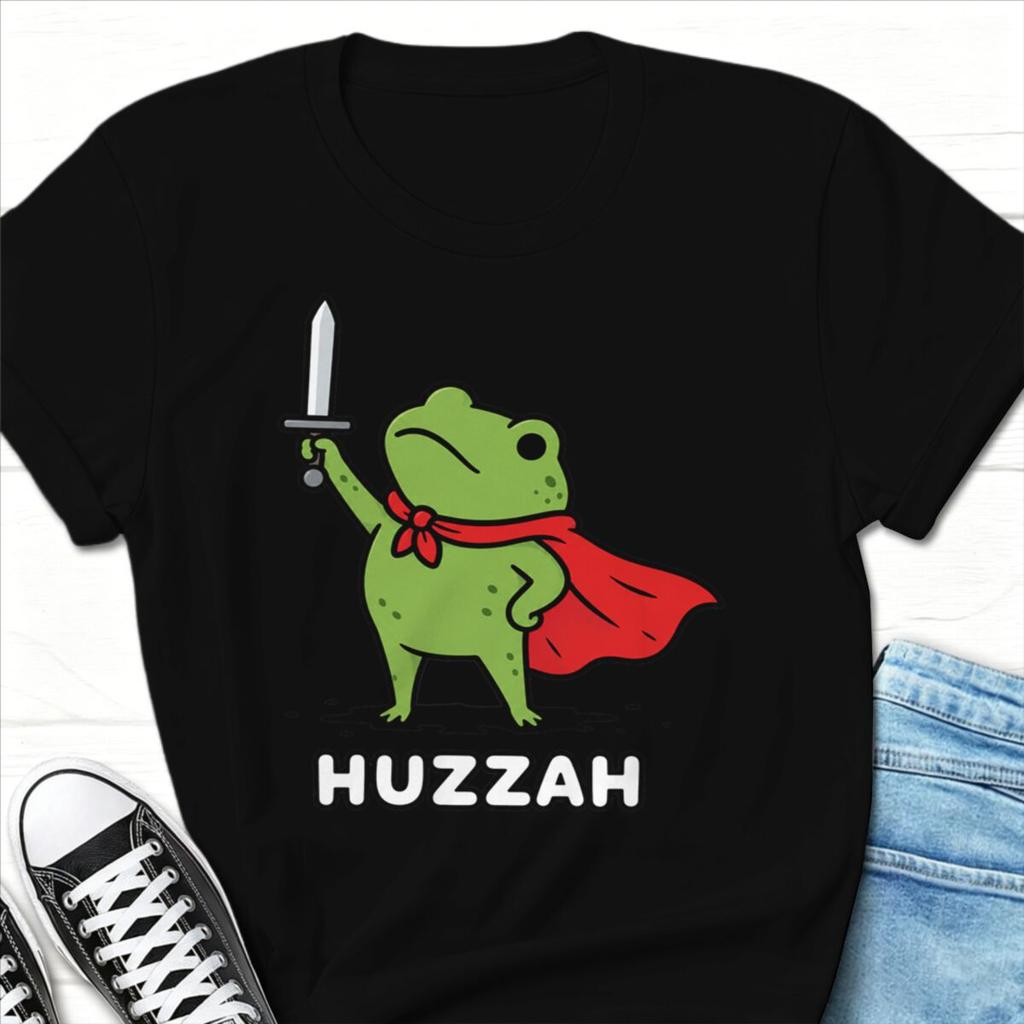 Vintage Huzzah Frog Cartoon Print T Shirts Unisex Unisex Short Sleeve Streetwear Funny Animal Frog Anime Retro Tshirt
