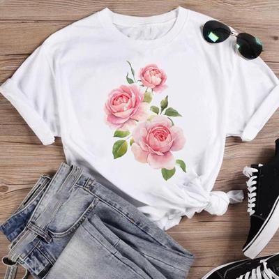 (Asian Size) Fashion Print Female Flower Lovely 90s Trend Cute Casual T Clothing Casual Women's Top Graphic Tee Short Sleeve T-shirts