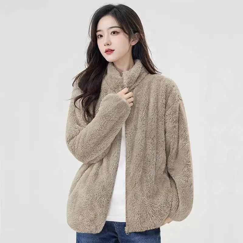 Herbst und Winter Unifarbener Reißverschluss-Strickjacke mit hohem Kragen Koreanischer Stil Sweatshirt Lässig Vielseitig Sport Warme Jacke für Damen