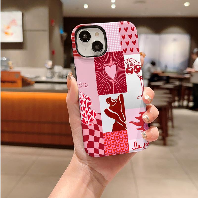 Pink Red Heart Cherry Checkered Collage Print Soft Silicone Phone Case Valentine Retro Shockproof Cover For iPhone 17 16 15 14 13 12 11 Pro Max