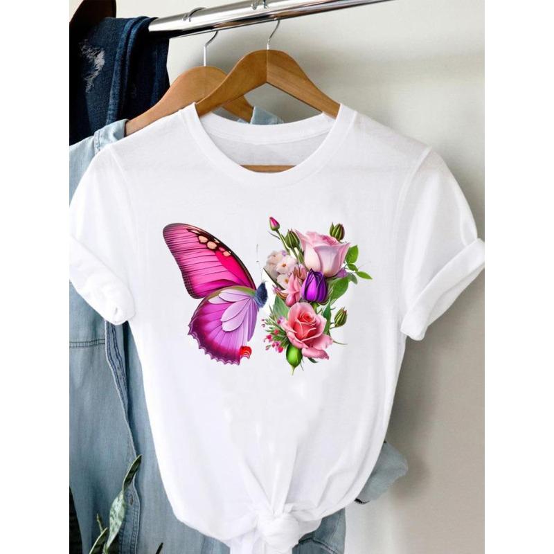 (European Size)90s Women Flower Watercolor Lovely Trend Short Sleeve Fashion Print Lady Tee Top Clothing Casual Tshirt Female Graphic T-shirts