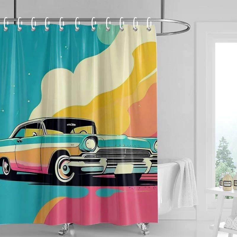 Car Cartoon Shower Curtain Waterproof Bathroom Curtain Bathroom Partition Curtain Universal Home Decor Ins Style