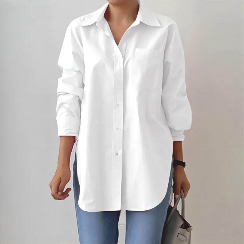 Elegant Women Long Sleeved Shirt 2025 Fashionable Women's Spring and Autumn Solid Color Split Hem Loose OL Work Shirt White
