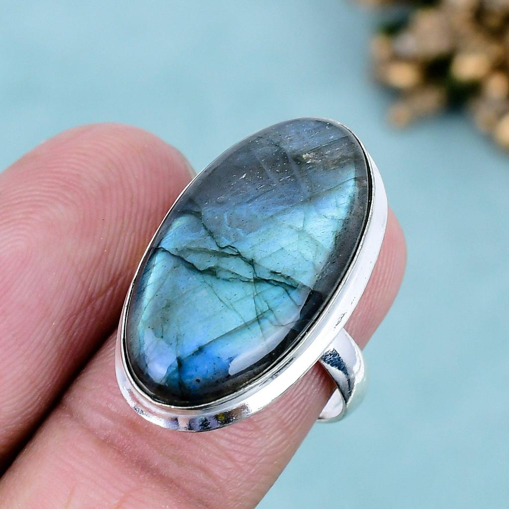 Labradorite Gemstone Ring 925 Sterling Silver Bezel Set Oval Statement Ring Jewelry for Women