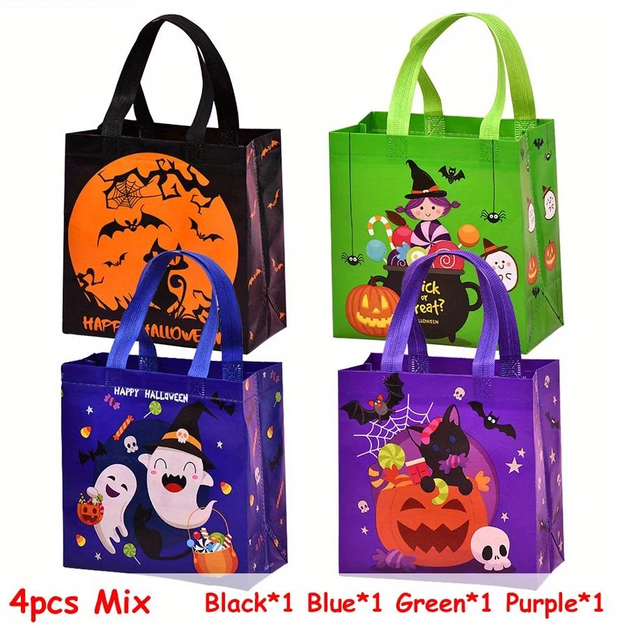 4pcs Halloween Theme Non-woven Cloth Gift Shopping Bag with Handle Reusable Pumpkin Bat Creative Trick or Treat Goodie Bags