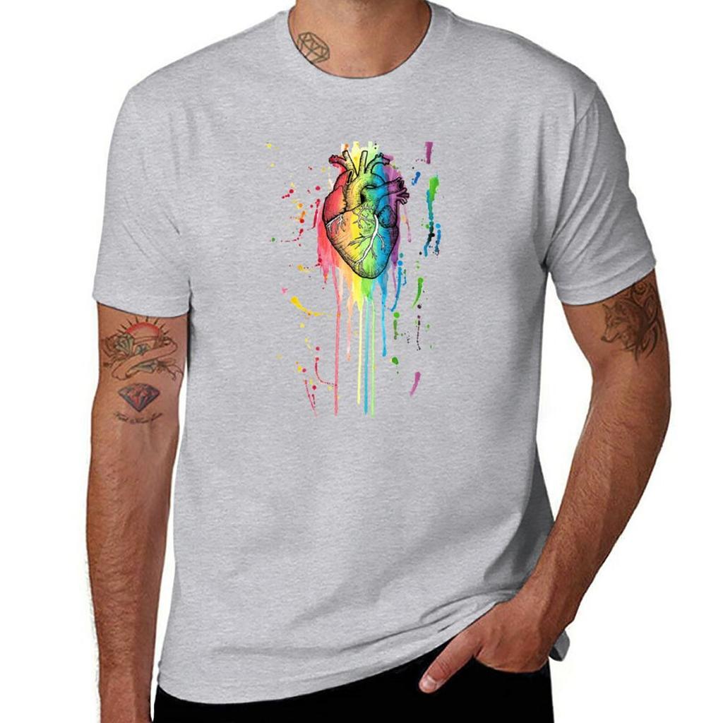Watercolour and Pen Rainbow Anatomical Heart TShirt for a boy graphics animal prinfor boys t shirts men