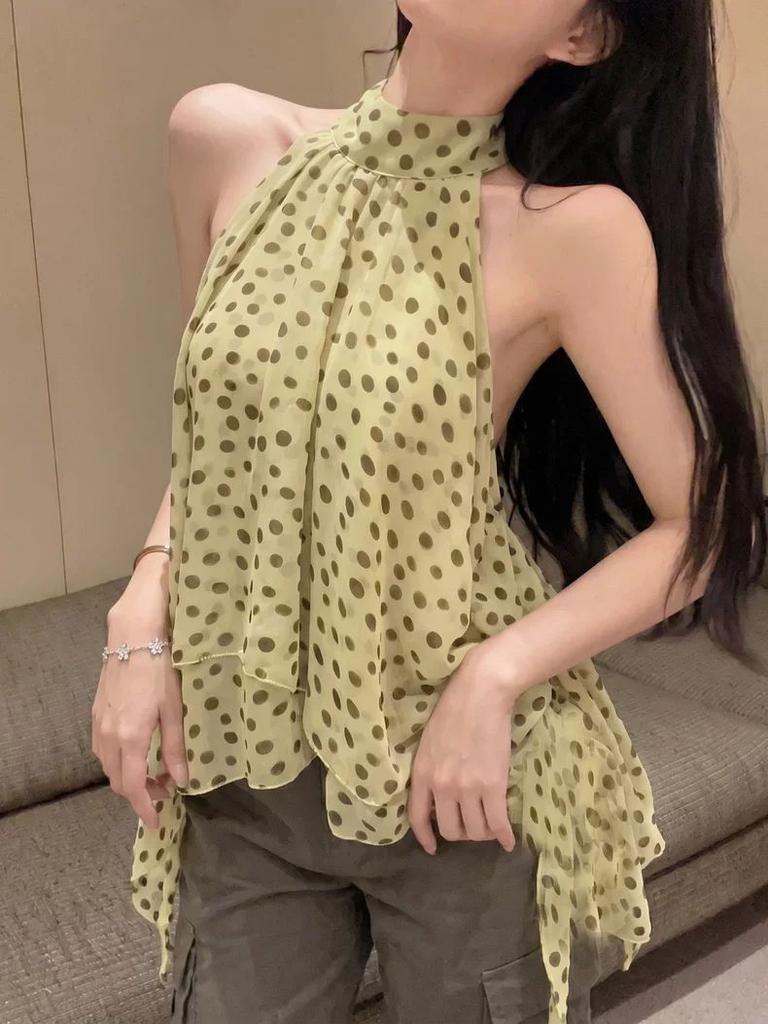French sweet style temperament polka dot neck vest women's summer new vacation style retro sleeveless top Korean wear