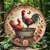 Rustic Round Metal Sign Rooster Hen Design Vintage Iron Wall Hanging Decor for Home Bathroom Cafe Restaurant