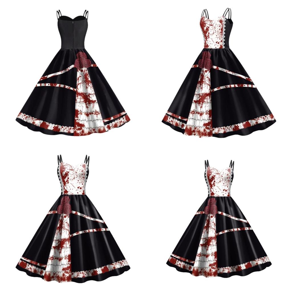 Jialin Halloween Dress For Women Scary Printed Sleeveless Costume Dress Summer)