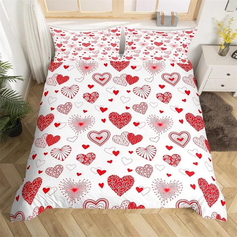 Romantic Valentines Duvet Cover King Kawaii Love Heart Theme Bedding Set Patchwork Geometric Comforter Cover Red Gnome Bed Sets