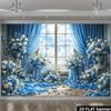 2D Flat Blue & White Flower Backdrop, Elegant Window View Photo Background Cloth