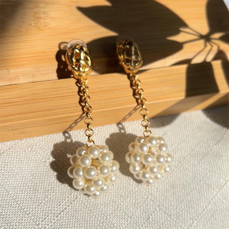 MOY Handmade Metal Woven Birdcage Pearl Tassel Ear Clips for Women
