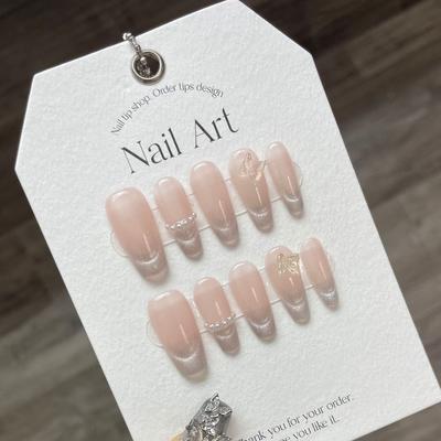 100% HANDMADE Fake Nail Set With Glue Nude Color Cat'S Eye Butterfly Simple Phototherapy Nails Reusable and Removable Nails