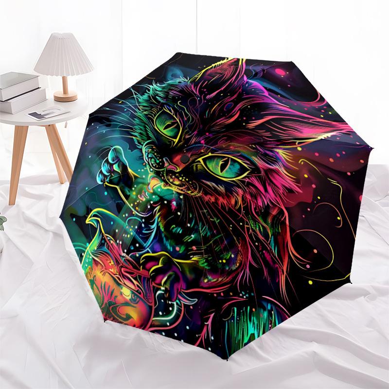 1pc Neon Cat Automatic Open/Close Umbrella, Windproof, Folding Compact Umbrella with Lightweight Design for Women/Men039