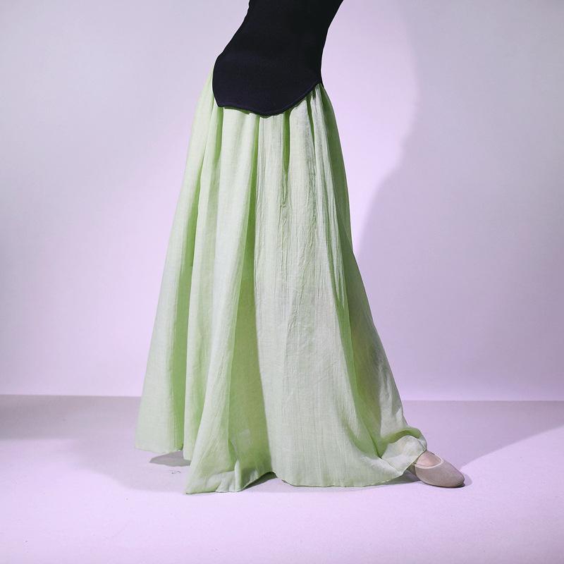 Women's Double Layer Cotton Linen Maxi Skirts Boho Solid Elastic High Waist Pleated A-Line Flowy Swing Long Maxi Skirts Soft Maxi Skirts for Women