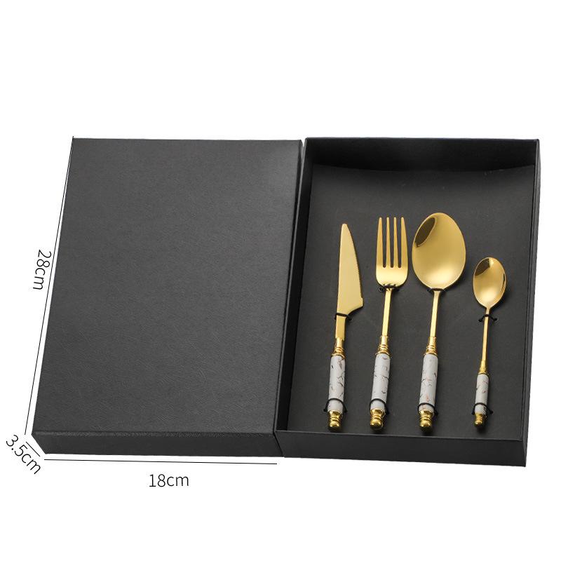 Emerald Marble Pattern 5-Piece Cutlery Set: Stainless Steel Knife, Fork, Spoon with Ceramic Handles