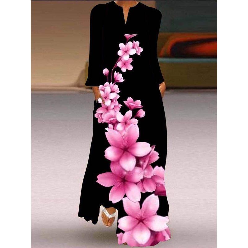 2025 Autumn New Women's 3D Print Long Dress V Neck Long Sleeves Pocket Dress Stage Show Performance Costume
