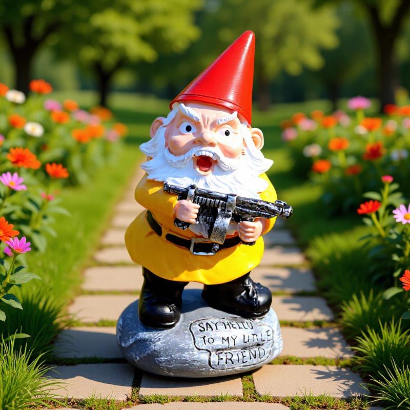New Christmas Gnome Ornament: White-Bearded Dwarf with Gun Resin Statue.