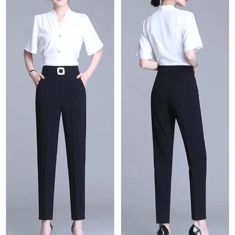 Trouser Suits Solid Color High Waisted Pockets Elastic Letter Sashes Rivet Casual Women's Clothing Spring Autumn Pants