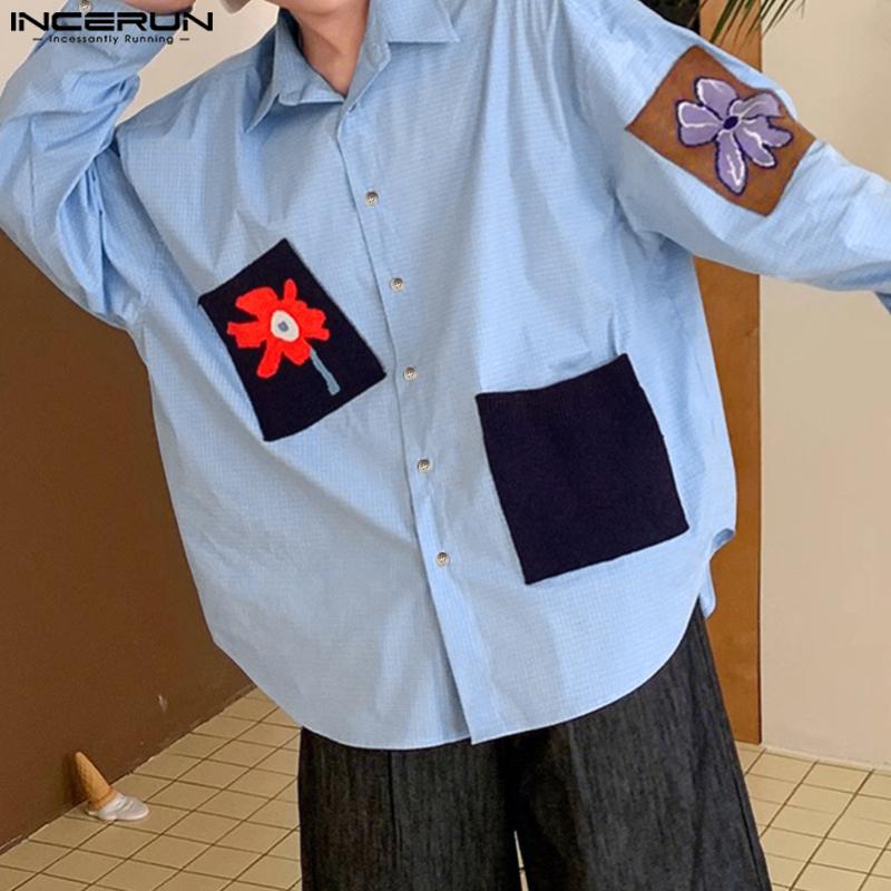 INCERUN Oversized Men Lapel Neck Long Sleeve Floral Print Plaid Casual Shirts Tops