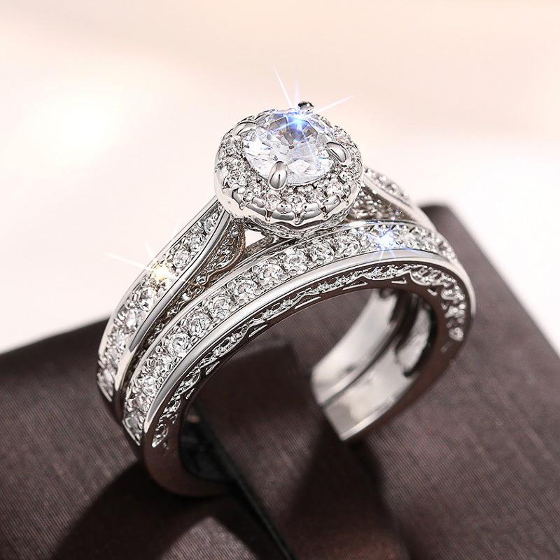 Huitan 2Pcs Set New Trendy Rings for Women Crystal Cubic Zirconia Romantic Wedding Band Accessories Luxury Zircon Drop Shipping