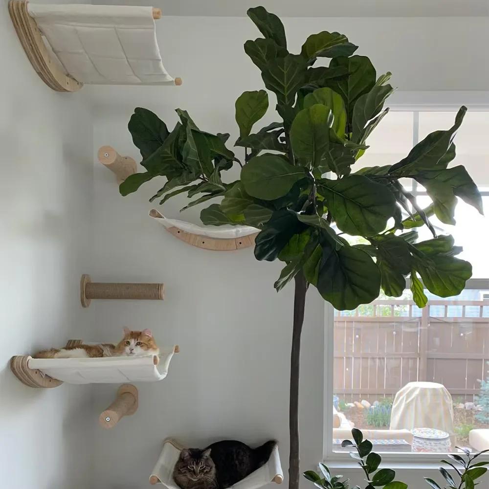 Wandmontiertes Möbelstück Katzen-Aktivitätszentrum Holz-Sisal-Kratzbaum Kletterer & Brücke mit Seiltreppen für Kätzchen und erwachsene Katzen