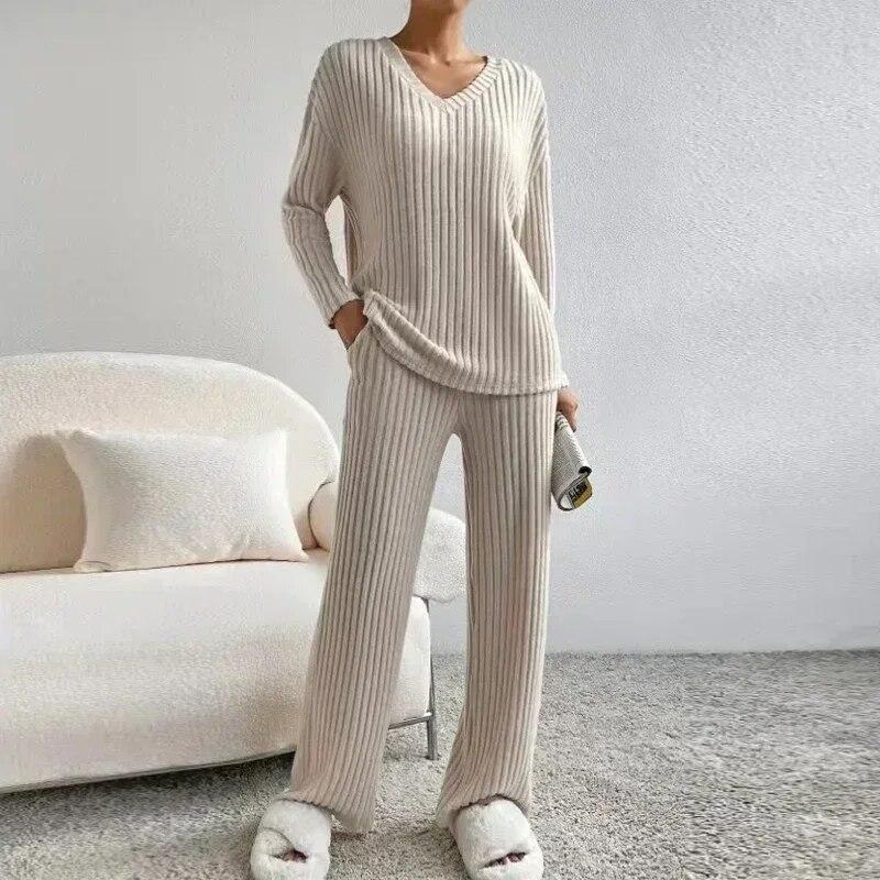 

Осенняя блузка с длинным рукавом и брюками с v-образным вырезом, женские винтажные прямые брюки, вязаный пуловер в полоску, комплекты из двух предметов, наряды 29772 XL абрикосовый