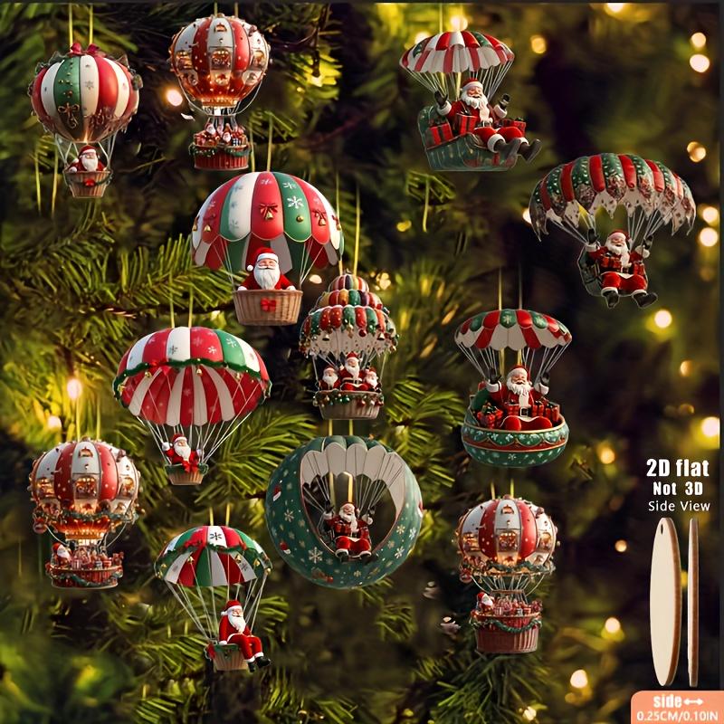 12pcs Christmas Tree 2D Wooden Hanging Decoration Set with Mobile Santa Claus and Hot Air Balloon-Xmas Perfect Holiday Gift Deco