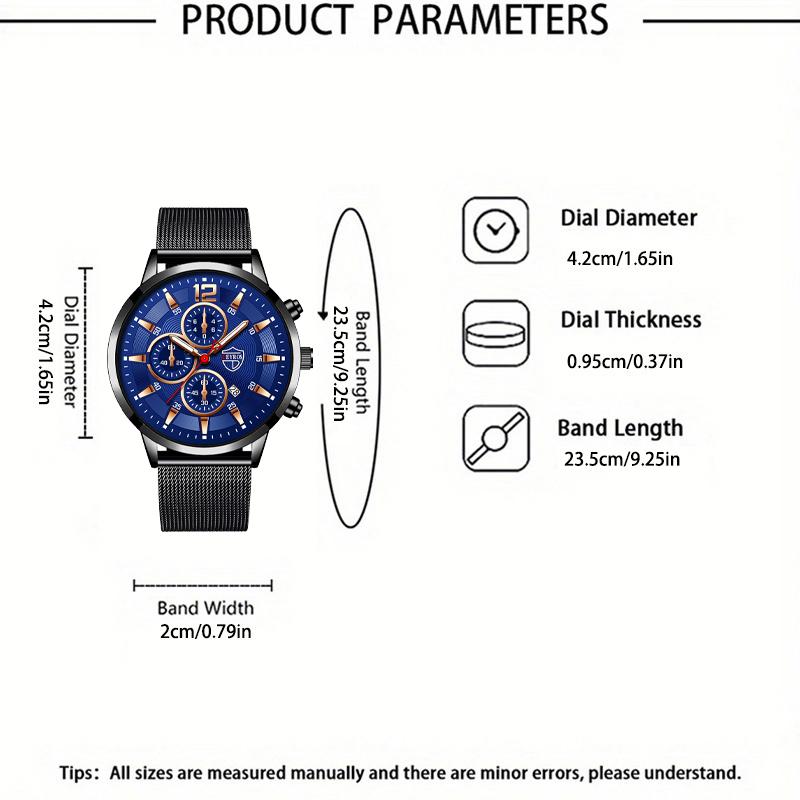 3pcs/set, 1pc Men's Fashion Casual Stainless Steel Mesh Band Quartz Watch & 1pc Bracelet & 1pc Necklace with