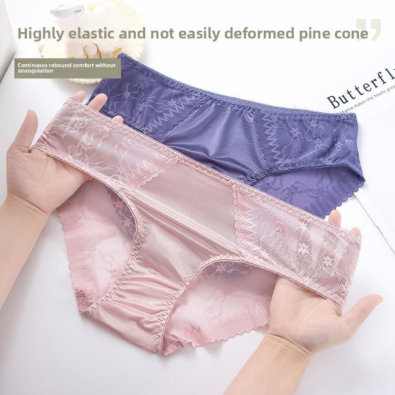 Ladies Summer Sexy Hollow Lace Smooth Ice Silk Breathable Bag Hip Low Waist Triangle Briefs