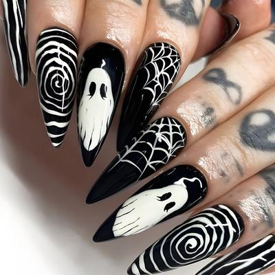 Heiß verkaufende Wassertropfen Nail Art Tabletten, Gestreifte Spinnennetz Falsche Nagelaufkleber Großhandel, Halloween Grimasse Nagel tragen