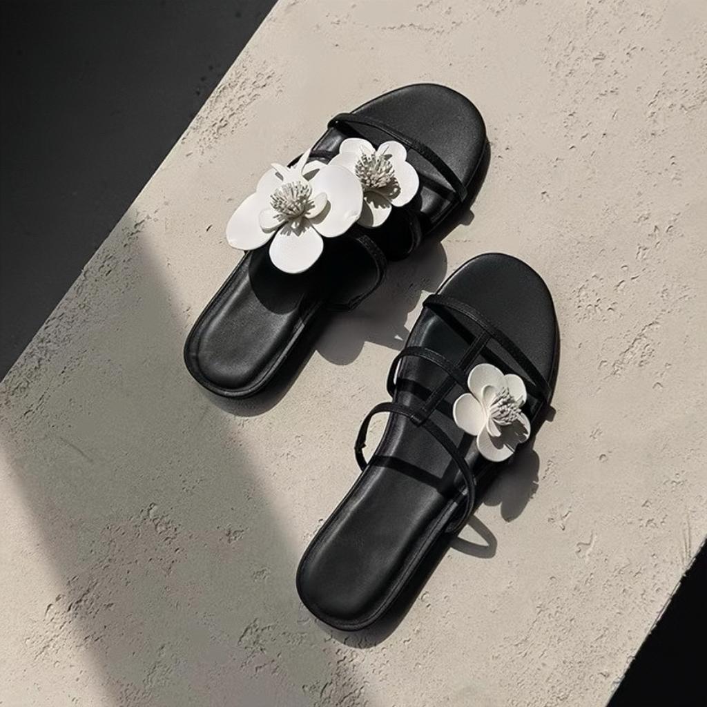 Sheepskin French fairy flower vacation style Roman cool slippers summer wear with skirt flat bottom one-word shoes women's