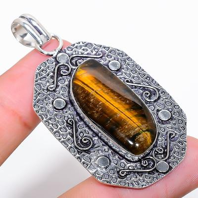 Tiger Eye Handmade Gemstone 925 Sterling Silver Jewelry Pendant 2.48" E2Z55