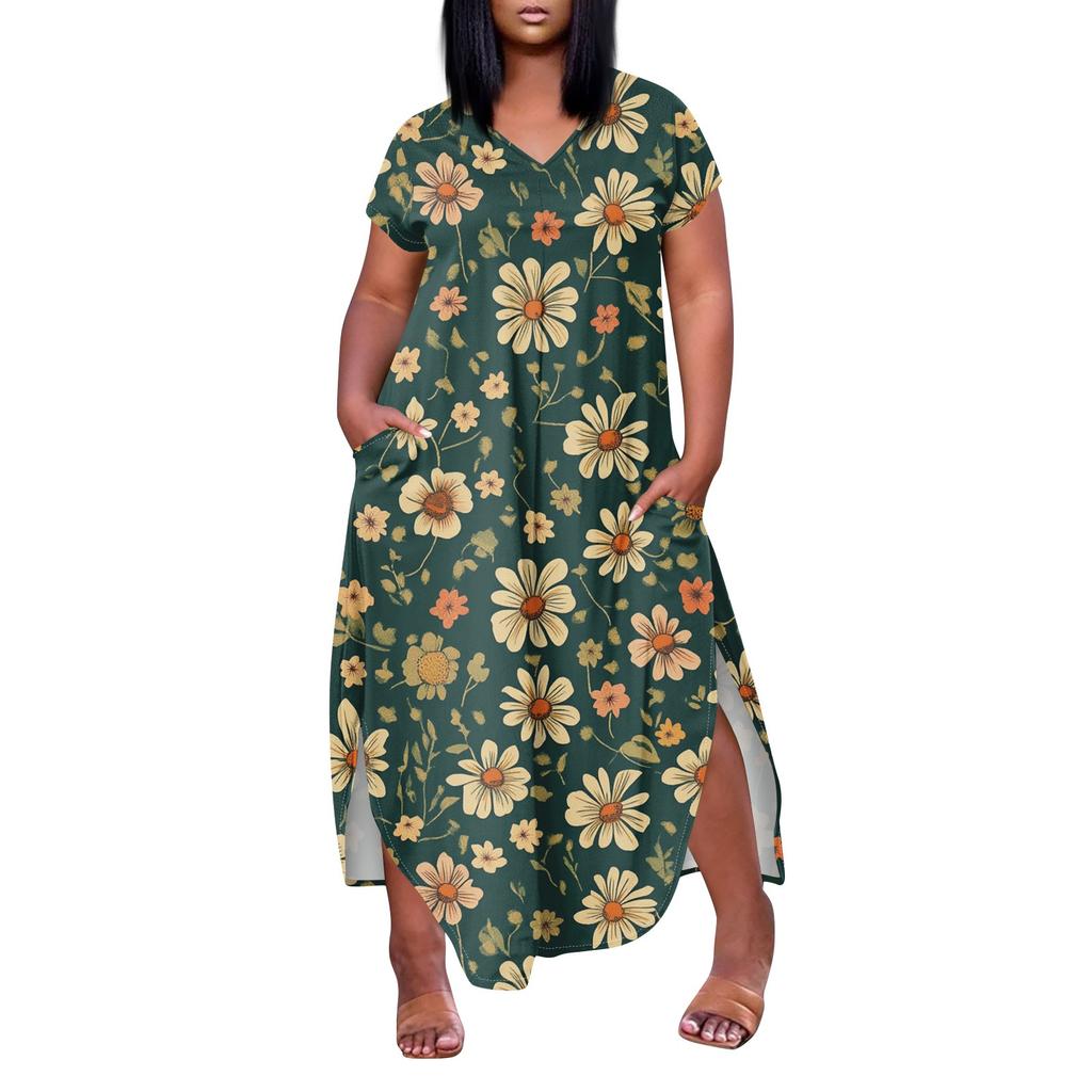Women Floral Maxi Dress Summer Casual Short Sleeve Dress Sundress V-Neck Long Dresses With Pockets Beach Vacation