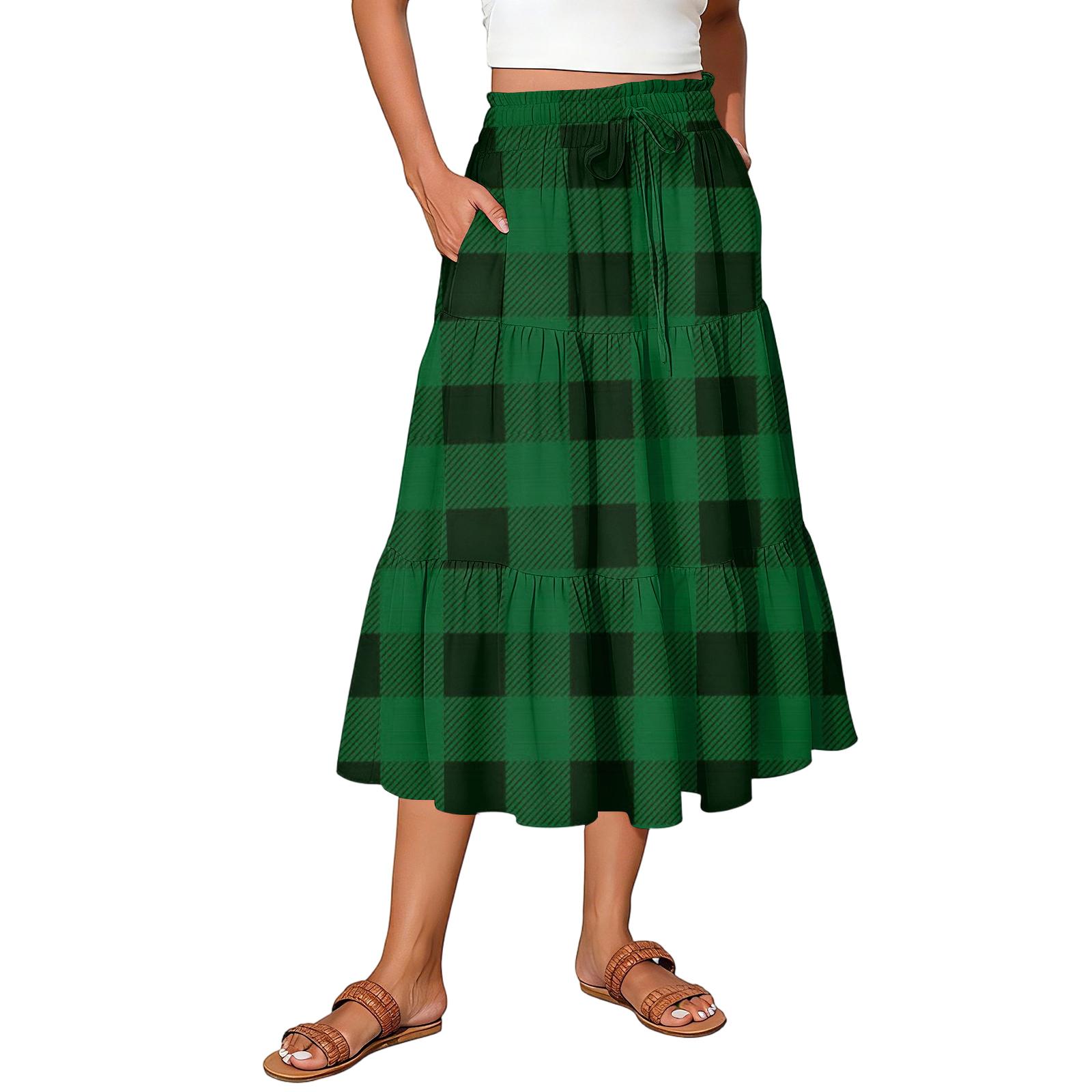 

Ladies plaid printed casual elastic waist drawstring skirt M
