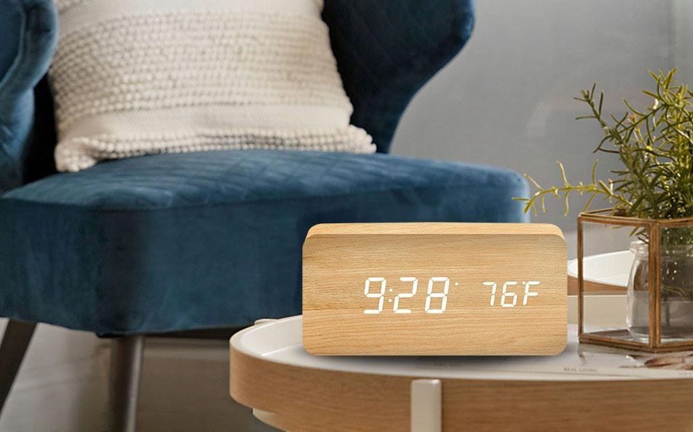 Wooden Alarm Clock With Thermometer And Clapper, Usb Or Batteries Operated