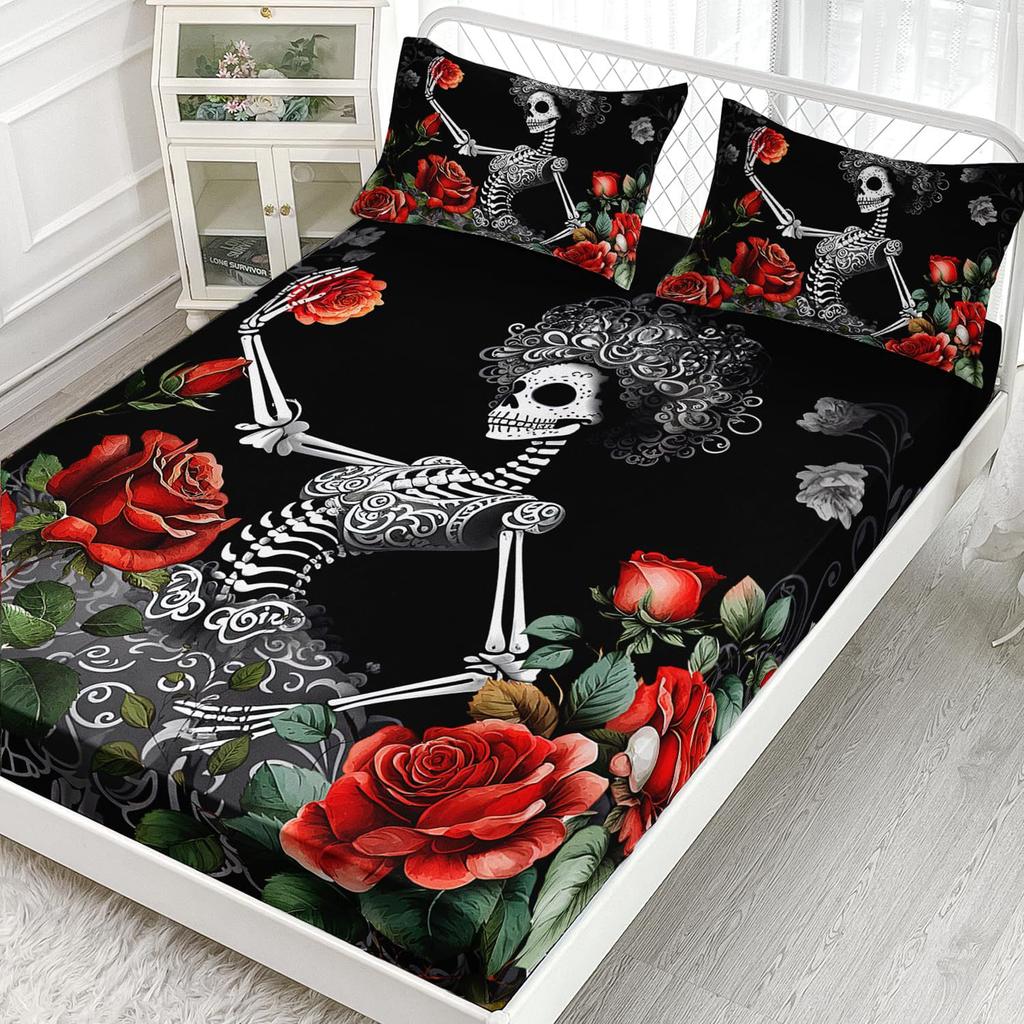 Personalisierte Totenkopfmuster Bettmütze Dreiteilig Digitaldruck Bettmütze Bettwäscheset Erwachsene Kinder