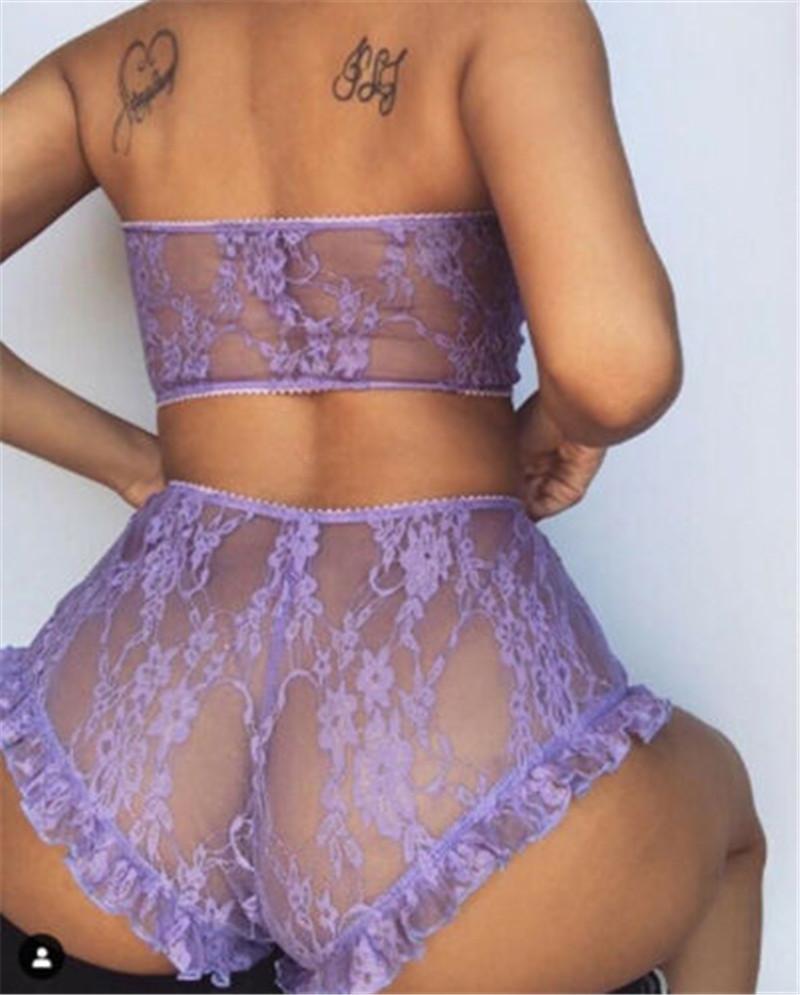 Women's Lace Lingerie Exotic Babydoll Teddies Set Solid Color Lace Bandeau Top Mesh Thin Underwear Sexy Pajama Toy Sleepwear