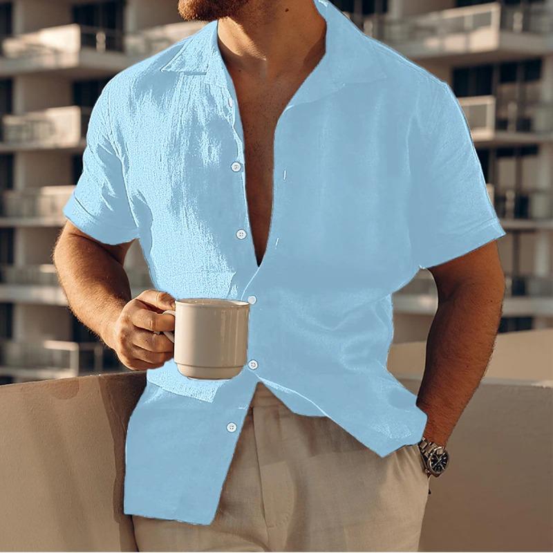 Men's Cross-Border Linen Button Casual Shirt Summer Beach Shirt Short Sleeve Plain Lapel Casual