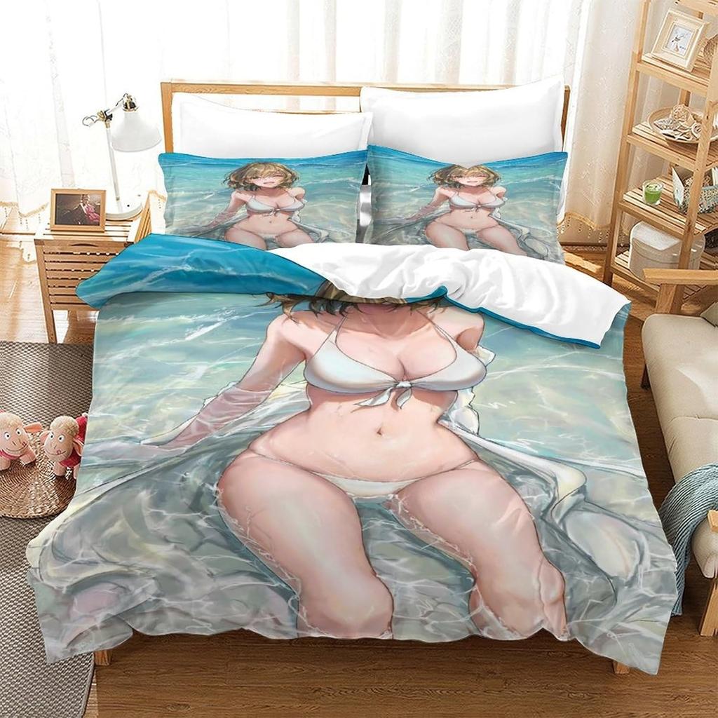 Vollständiges und sexy Mädchen Bettlaken Set 3D gedrucktes Anime Mädchen, Kindermädchen, Junge, Erwachsener Daunen Bettbezug und Kissenbezug Reißverschluss, weich ultra